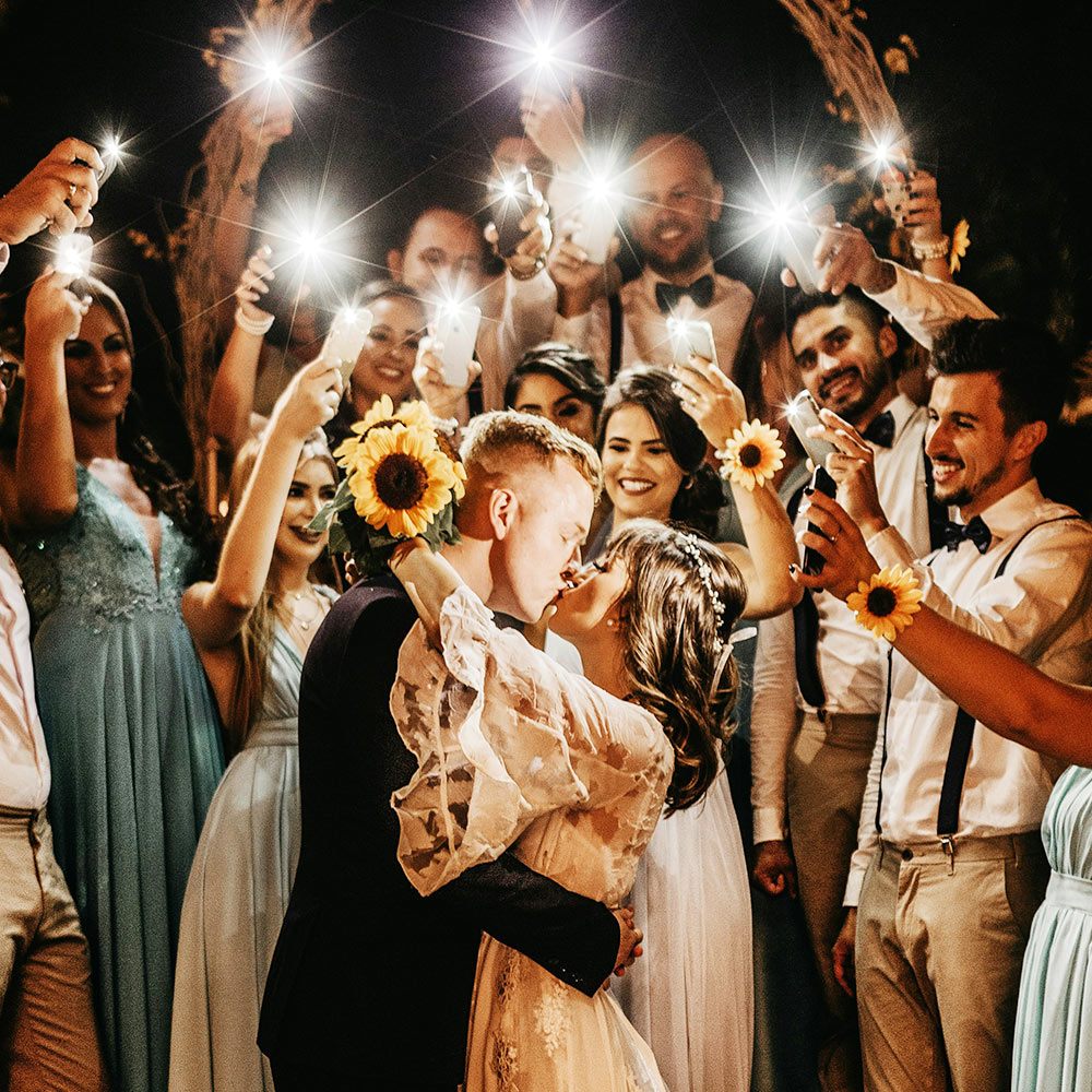 Newlyweds kissing among celebrating guests